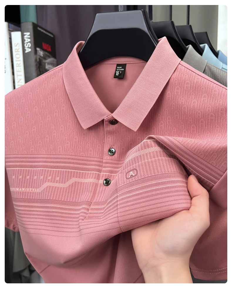 Leicht luxuriöses, gestreiftes Kurzarm-Poloshirt für Herren, modisches, hochwertiges Markenprodukt, personalisiert bedruckt, mit Tasche, lässiges Sommer-T-Shirt – Detail 7