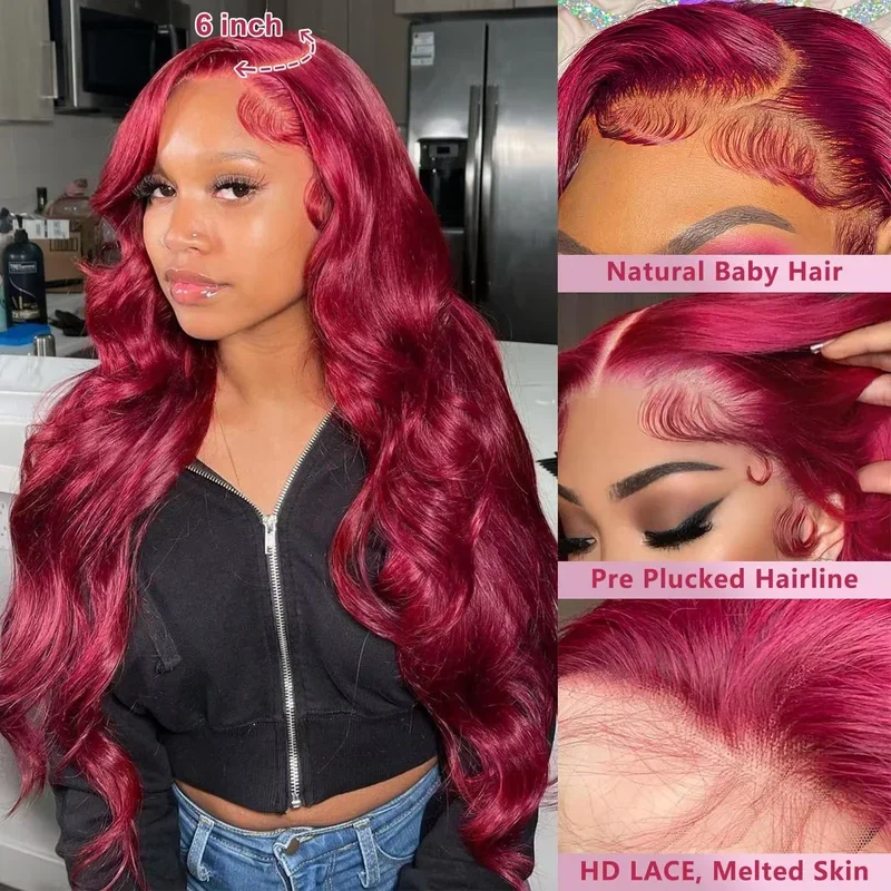 99j burgundy 13x6 Lace Front Wig Human Hair 200 Density Body Wave 30 36 Inch Red Colored Loose Wave 13x4 Lace Frontal Wigs