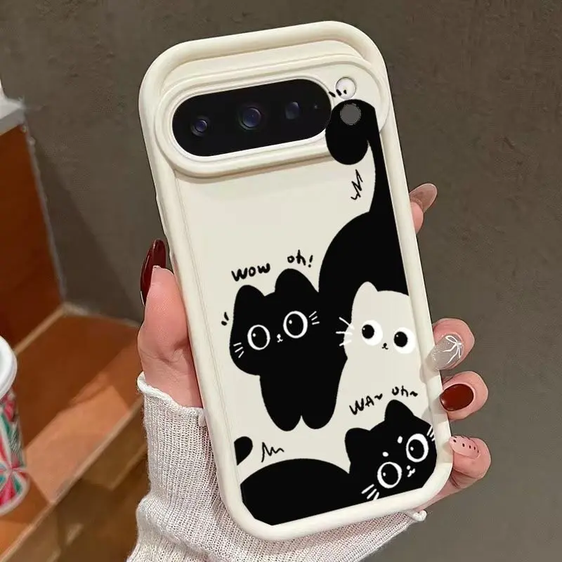Cartoon Kitten Pile Shockproof Soft Case - Black & White Design