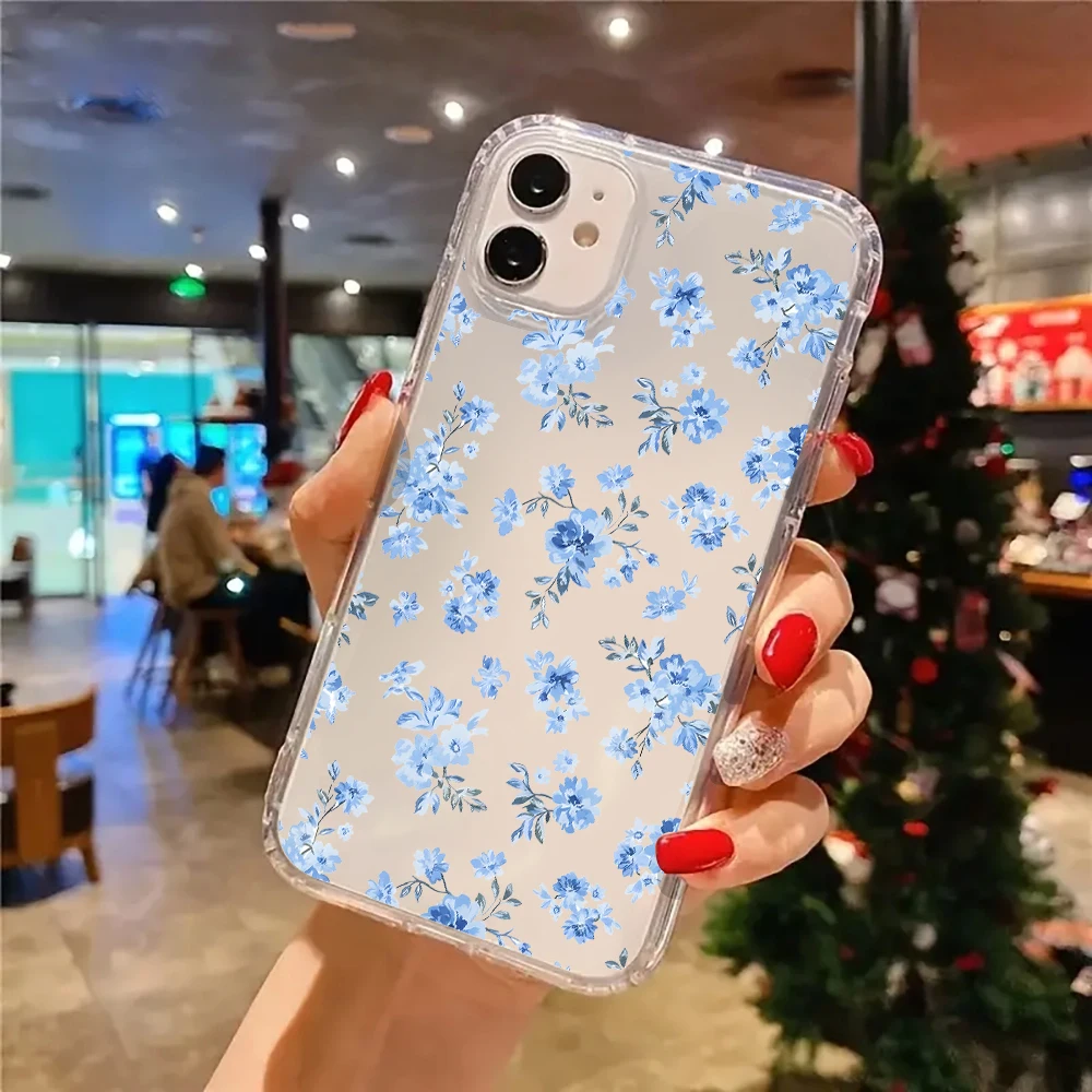 Fresh Blue Floral Pattern Clear Silicone Phone Case - Soft Cover with Elegant Design