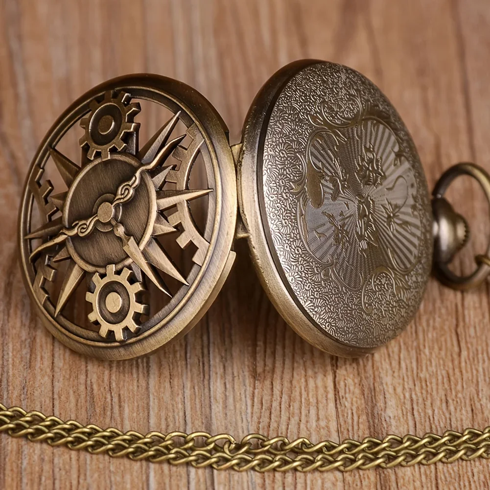 Antique Steampunk Bronze Hollow Gear Movement Quartz Pocket Watch Pendant Gift With Chain Boys Men