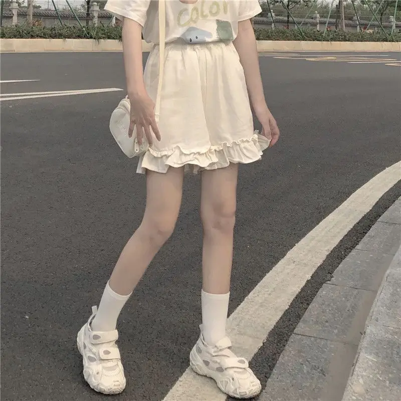 

Japanese Women's Shorts Kawaii Clothing High Waist Elastic Ruffle Wide-legged Pants Girl Streetwear Summer Chic Shorts White New