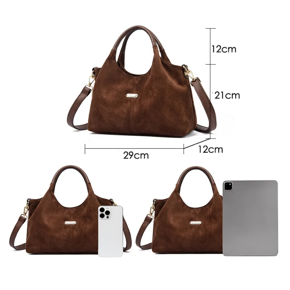 Faux Suede Handbags - Soft Casual Messenger Bag with Zipper Closure for Women
