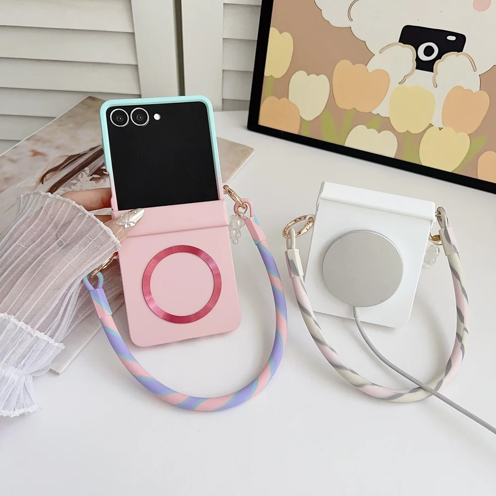 Gradient Candy Color Magnetic Phone Case with Hinge Protection and Wrist Strap