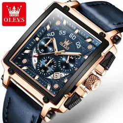 OLEVS Men's Luxury Square Dial Chronograph Watch - Leather Strap, Waterproof, Fashion Sports Design (Rose Blue)