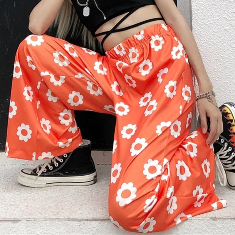 Loose High Waist Wide Leg Trousers Fashion Y2k Women Plus Size Punk Style Pants 2024 Summer Casual Floral Printed Pantalon blue