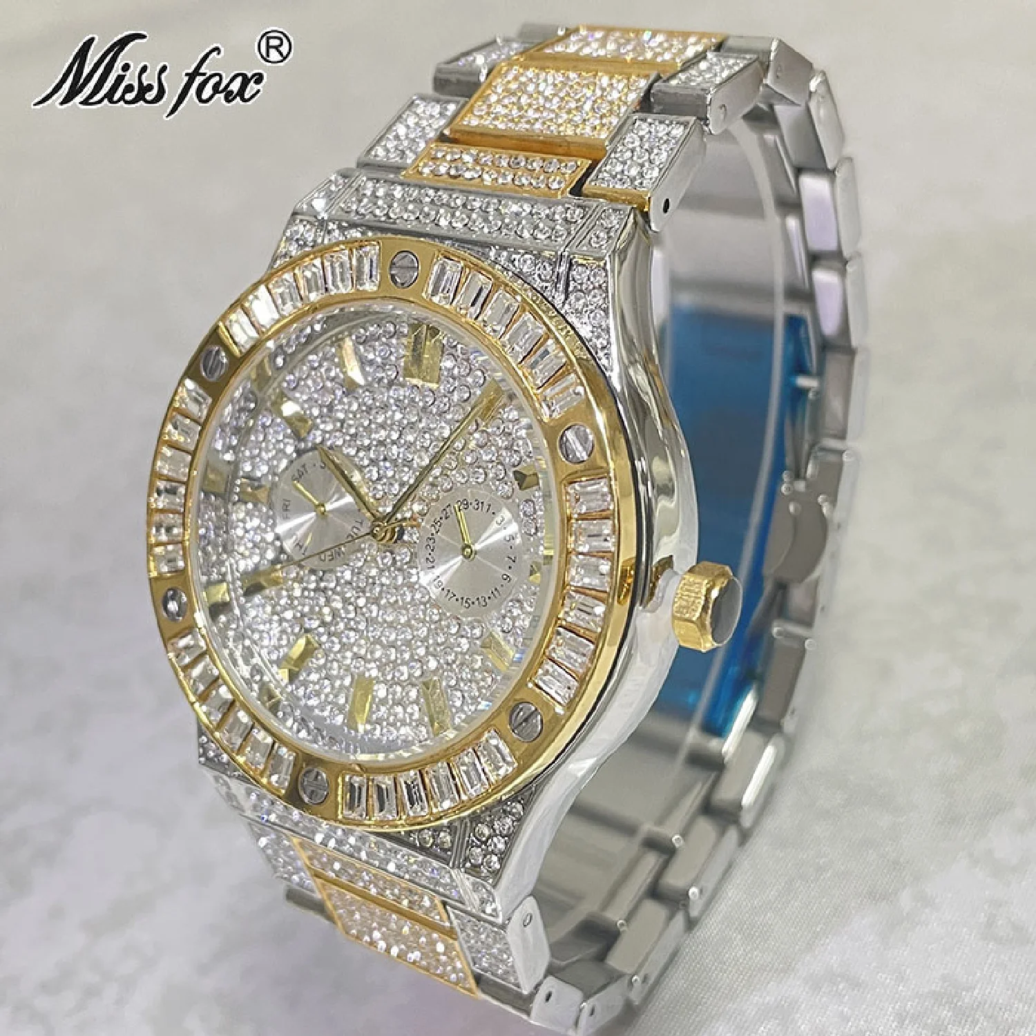 

Top Luxury Brand New Gold Sliver Watches Men Fashion Iced Out Wrist Watch Moissanite Automatic Date Clock Man Gift Reloj Hombre