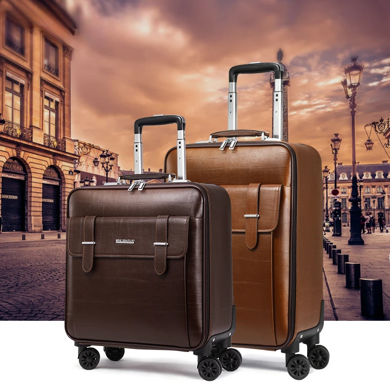 18 Inch Trolley Case Leather Travel Suitcase Carry-on Box Large Capacity Trunk Business Rolling Luggage Password Universal Wheel