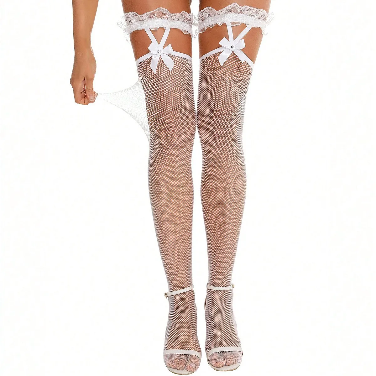 Frauen Spitze Strumpf Dessous Oberschenkel Hoch Über Knie Schmetterling Knoten Nylon Strümpfe Transparent Schwarz Weibliche Mesh Fishnet Socken – Detail 1