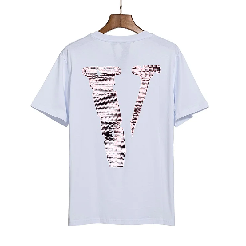 Vlone 22ss wiosna/lato Rhinestone Lettered Casual Cotton luźny T-shirt Big  V Fashion Brand New z krótkim rękawem
