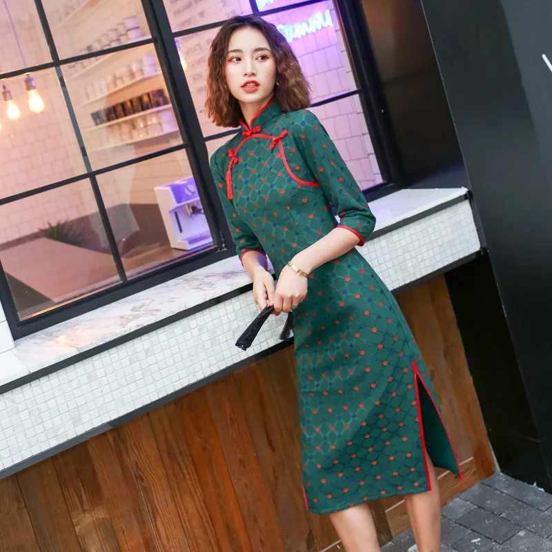 

Stand Collar Green Women Long Dress Qipao Vintage Button Short Sleeve Chineses Style Print Polka Dots Evening Dress Cheongsam