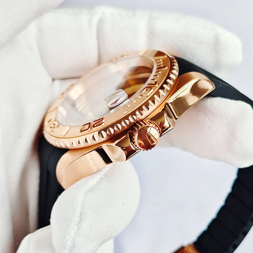 Rose Gold 40mm GMT SUB Watch Case with Silicone Strap and Sapphire Glass