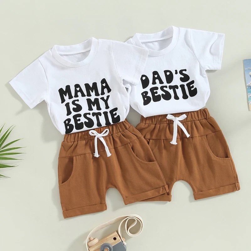 

Toddler Baby Boys Summer Outfits Casual Letter Print Crew Neck Short Sleeve T-Shirts + Solid Color Shorts 2pcs Clothes Sets 0-3Y