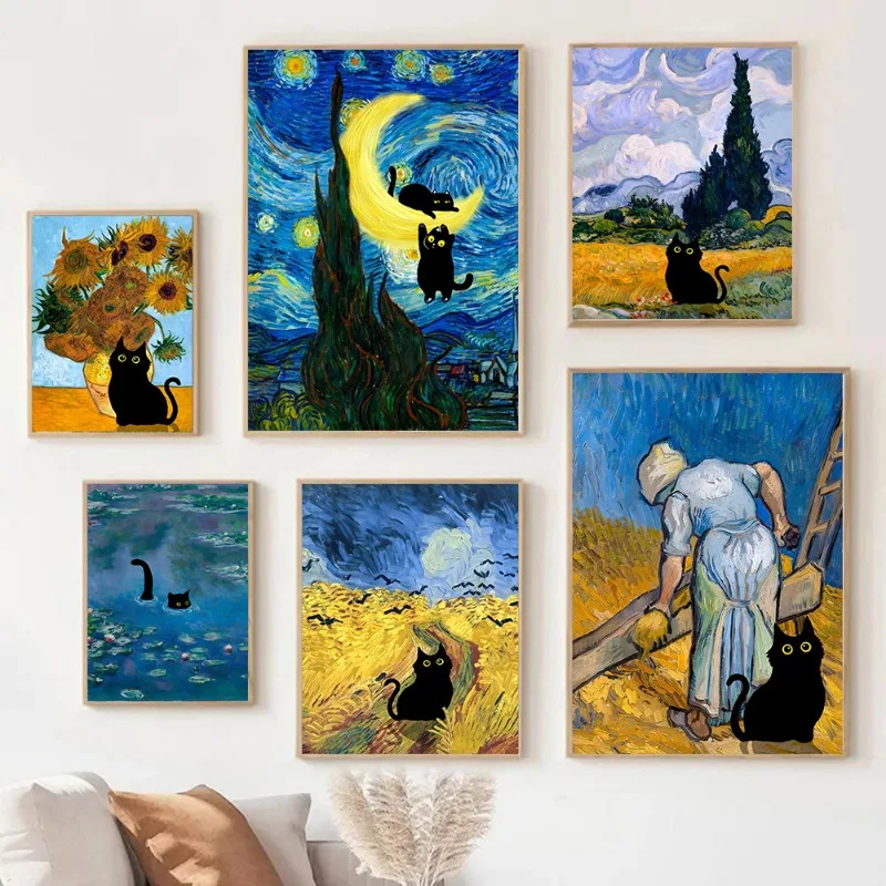 Van Gogh & Monet Inspired Cat Canvas: Starry Night and Sunflowers Wall Art