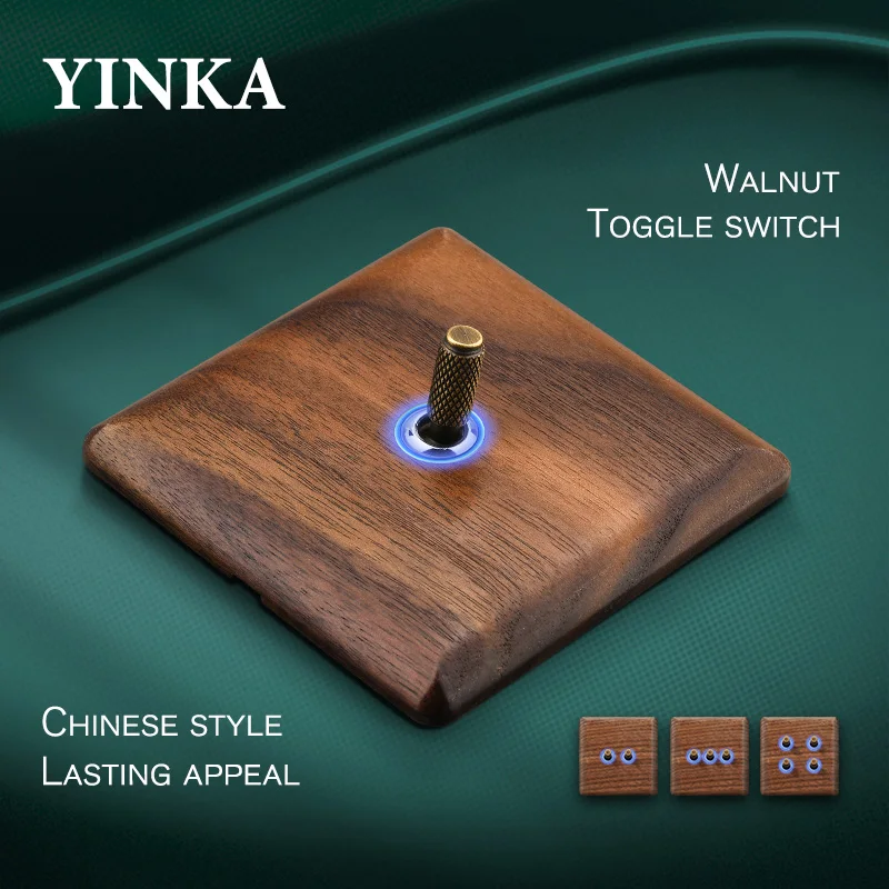 YINKA Wood Brass Toggle Light Switch Panel Home Retro LED Indicator EU FR UK Universal Electrical Socket Vintage Switch 86*86mm