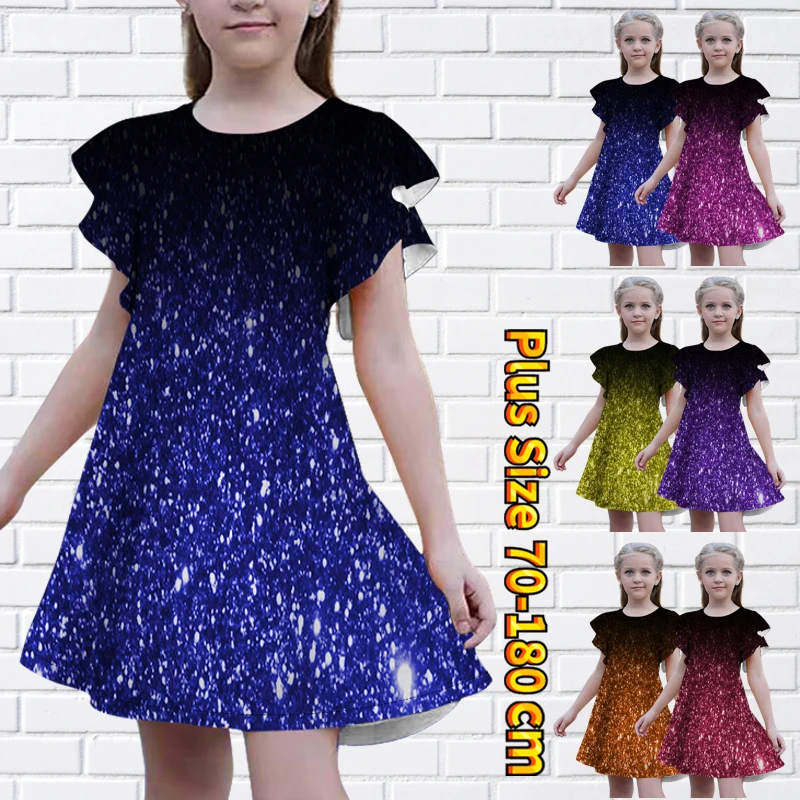

2023 Summer Casual Fashion Princess Dress Girl Round Neck Knee-length Skirt New Design Printing Loose Size Short Sleeve Skirt