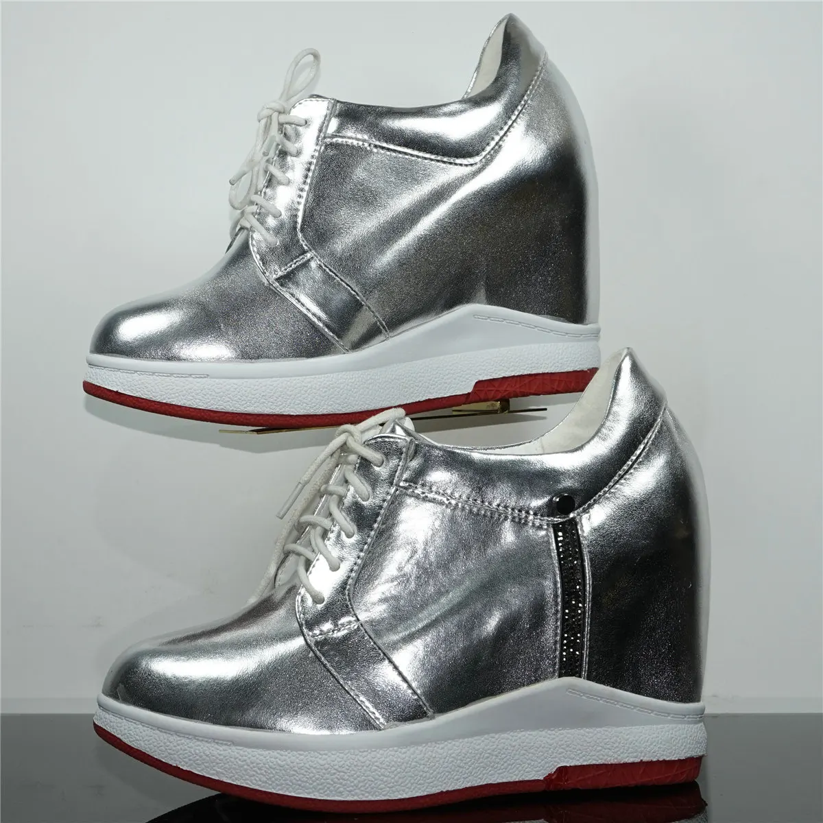 

Casual Shoes Women Genuine Leather Wedges High Heel Vulcanized Shoes Female Round Toe Fashion Sneakers Rhinestone Platform Pumps