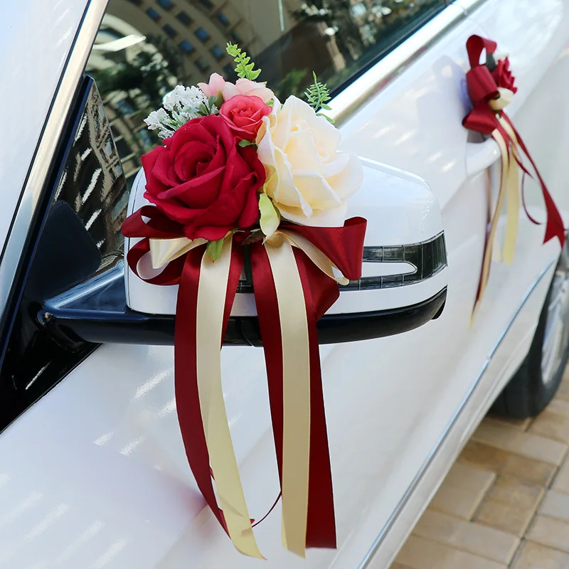 Car Decoration Garland Wedding Bride Couple, Ribbon Bows Set Wedding Decor  - Simulation Rose Flower Artificial Flowers Set Party Events Accessories