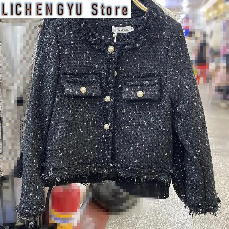 New Autumn Women Single-Breasted Tweed Woolen Coat Round Neck Long Sleeve Tassel Jacket Design High Quality