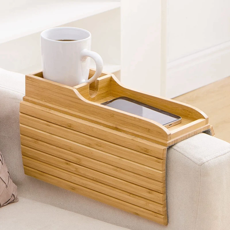 Couch Cup Holder, Couch Drink Holder, Natural Bamboo Sofa Cup Holder Armrest Tray, Portable Couch Arm Tray Table Durable 2