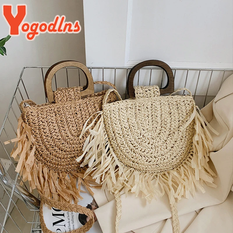 Yogodlns Summer Semicircle Straw Bag Female Tassel Vacation Beach Bag Totes Handmade Woven Girl Shoulder Crossbody Bag Totes
