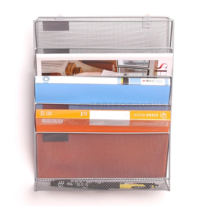 5 Layer Metal Mesh Wall-Mounted Magazine Rack, Office Desk File Organizer, Archive Storage Black Shelf, Space-Saving Solution