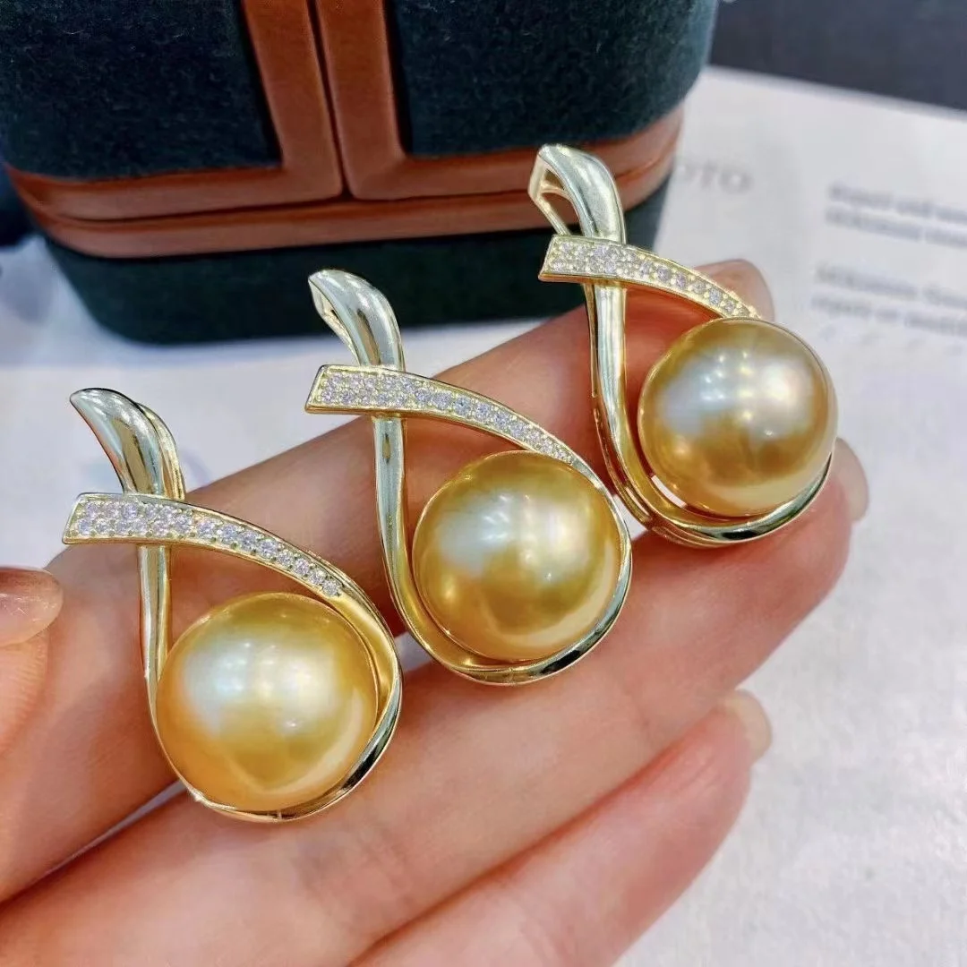 

Necklace 13-14mm Gold Pearl Pendant For Women Southsea Near Round Pearl Fine Girl's 925 Sterling Silver Wedding Jewelry