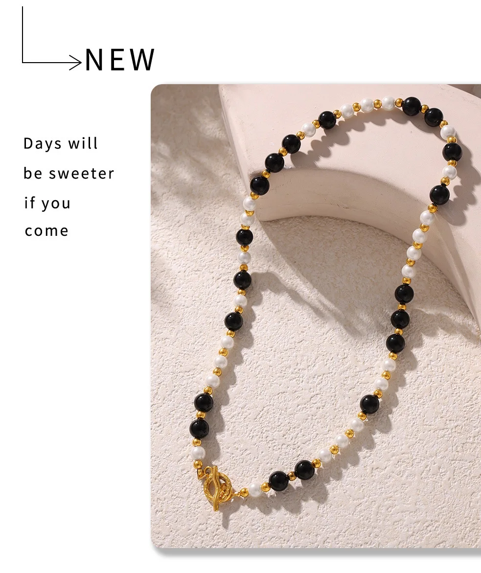 Gotische Schwarze Achat-Halskette für Damen, Edelstahl Vergoldet mit Weißen Muschelperlen, OT-Verschluss, Vintage-Schmuck Geschenk – Detail 9