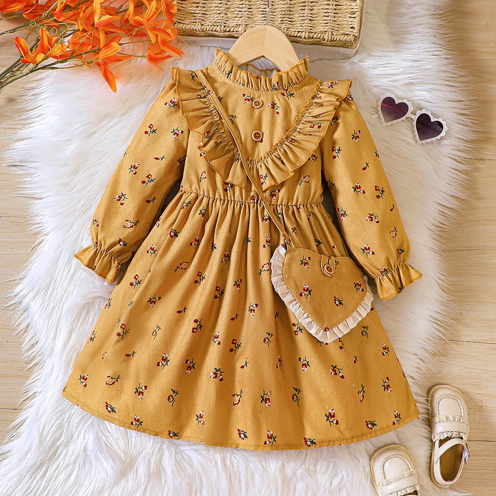

2023 Winter New Girls Dress Long Sleeve Ruffles Print Floral Yellow Cute Designer Girls Princess Dress Vestido 0-3T