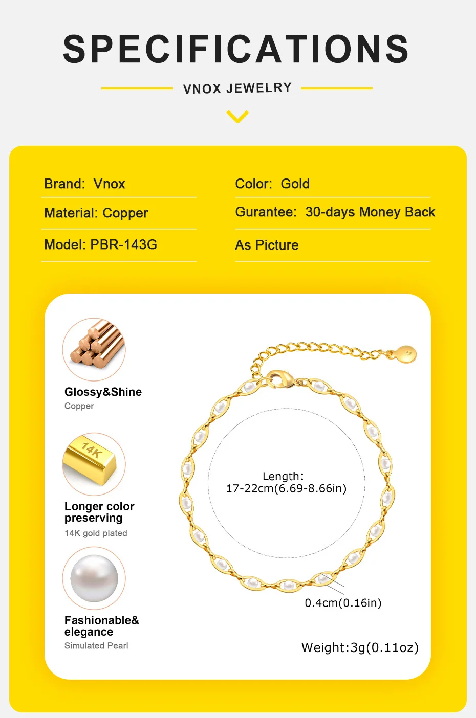 Vnox Unregelmäßiges Perlenkettenarmband für Frauen und Mädchen, vergoldet, eleganter Schmuck, Geschenke – Detail 5
