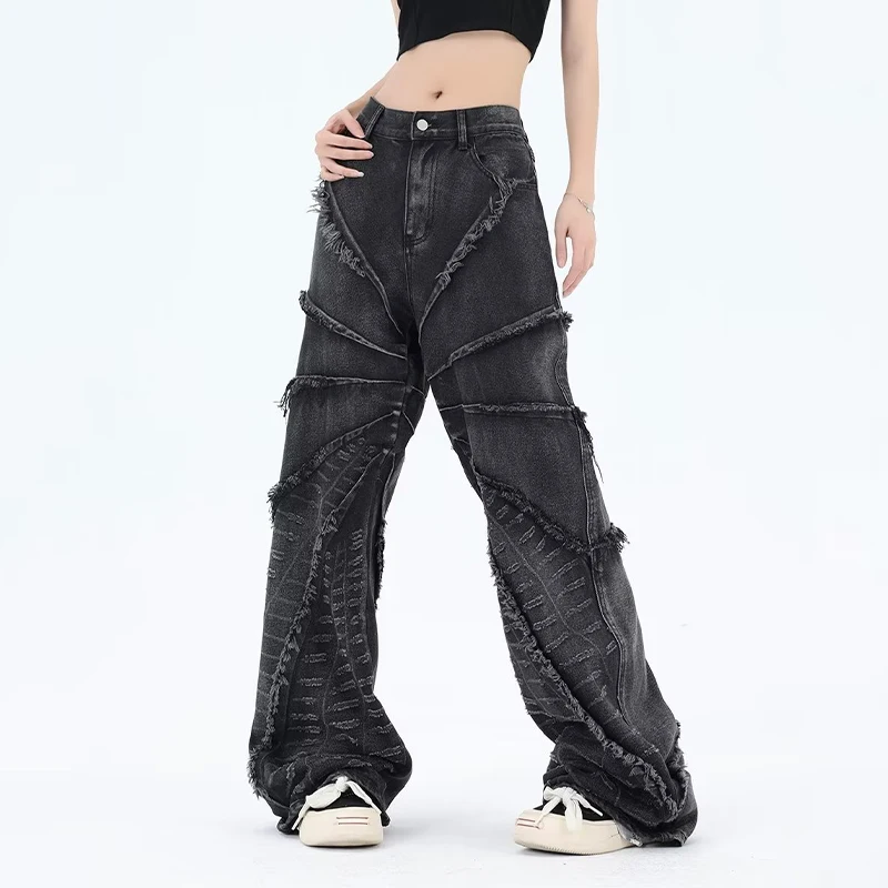 HOUZHOU Y2K Punk Black American Street Rock Retro High Waist Oversized Jeans Women Raw Edge Washed Darkwear Wide Leg Trousers high street jeans for women american style tear edge wide leg pants straight autumn winter high waist pants trousers female