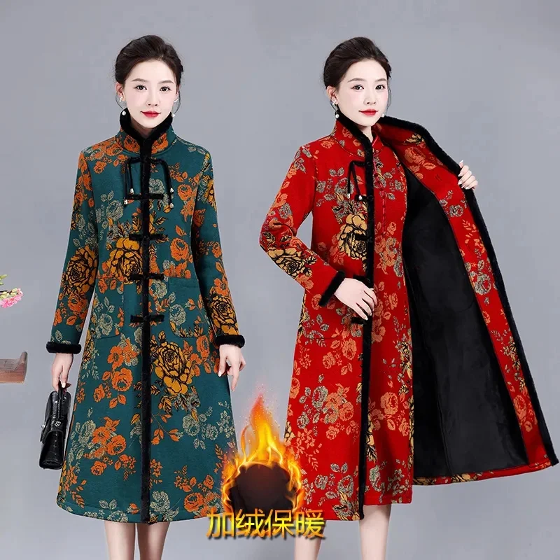 2023 Autumn Winter Wear Plush Thickened Warm Windbreaker Coat for Middle aged Mom Chinese Style Standing Collar Long Cotton Coat