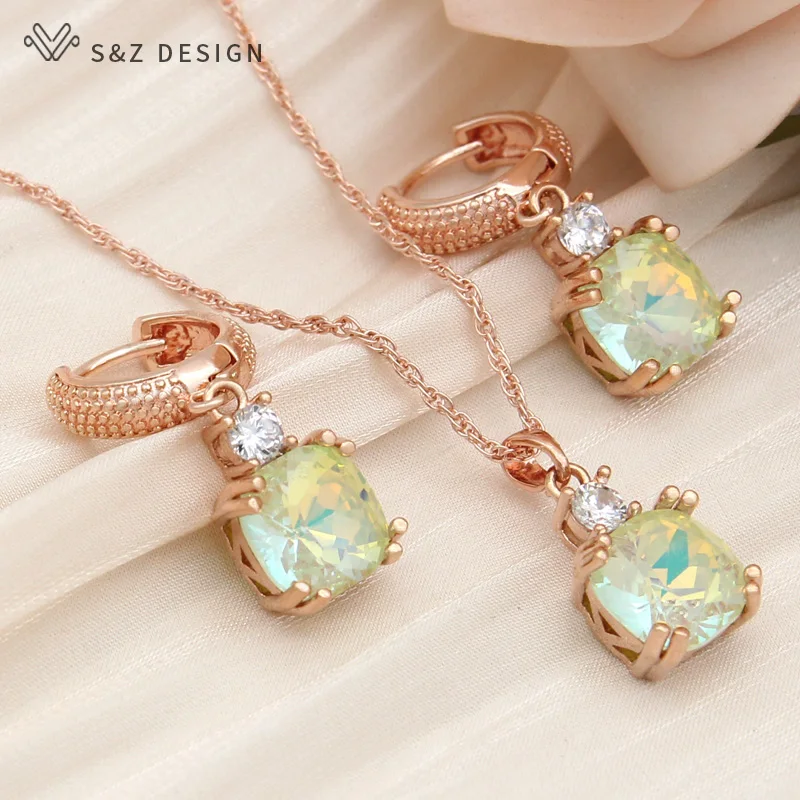 S&Z DESIGN New Fashion Classic Square Crystal Drop Earrings Jewelry Sets For Women Wedding 585 Rose Gold Color Pendant Necklace