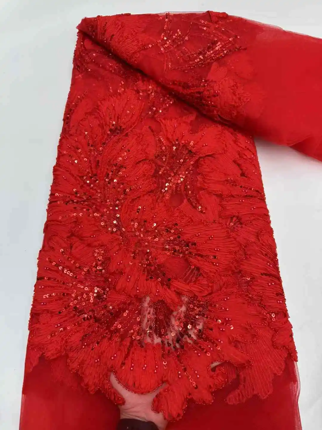 Luxury Handmade Embroidery Sequins Beaded Lace African Sequins Lace Fabric for Wedding Sewing