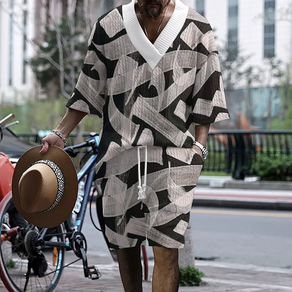 

2024 Men's Trendy Printing Casual Set Men's Summer Loose Short sleeved Shorts V-neck Dynamic Set Two piece Set for Men