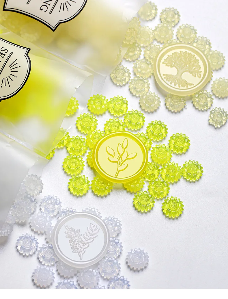 100 Stück durchscheinende Sonnenblumen-Siegelwachs-Perlen zum Selbermachen, Umschlag, Brief, Hochzeitseinladung, Scrapbooking, blinkender Siegelstempel – Detail 4