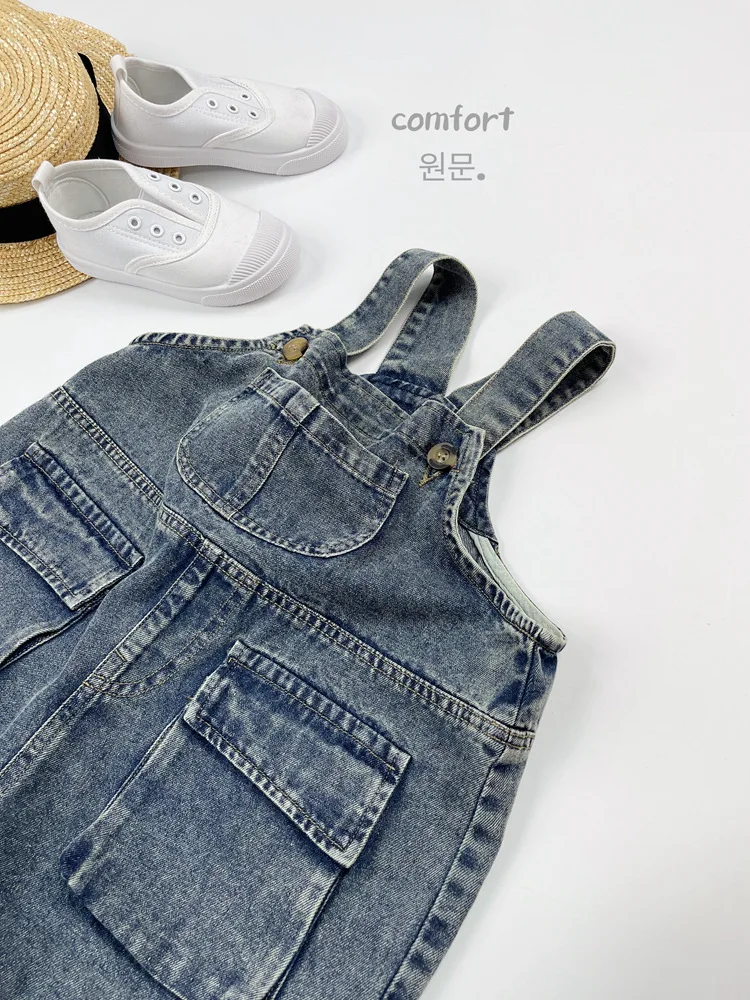 2025 Summer New Vintage Girls Overalls Kids Boys Pocket Denim Strap Pants Children Jeans Shorts Fashion Baby Clothes