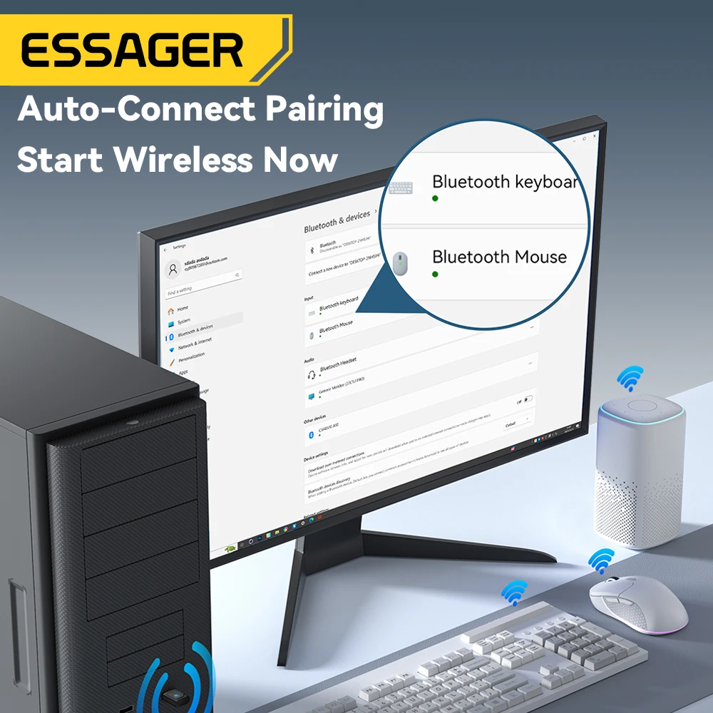 Essager USB Bluetooth 5.4 5.3 Dongle Adapter for PC Bluetooth Receiver & Transmitter for Bluetooth Keyboard/Mouse Drive free 20M