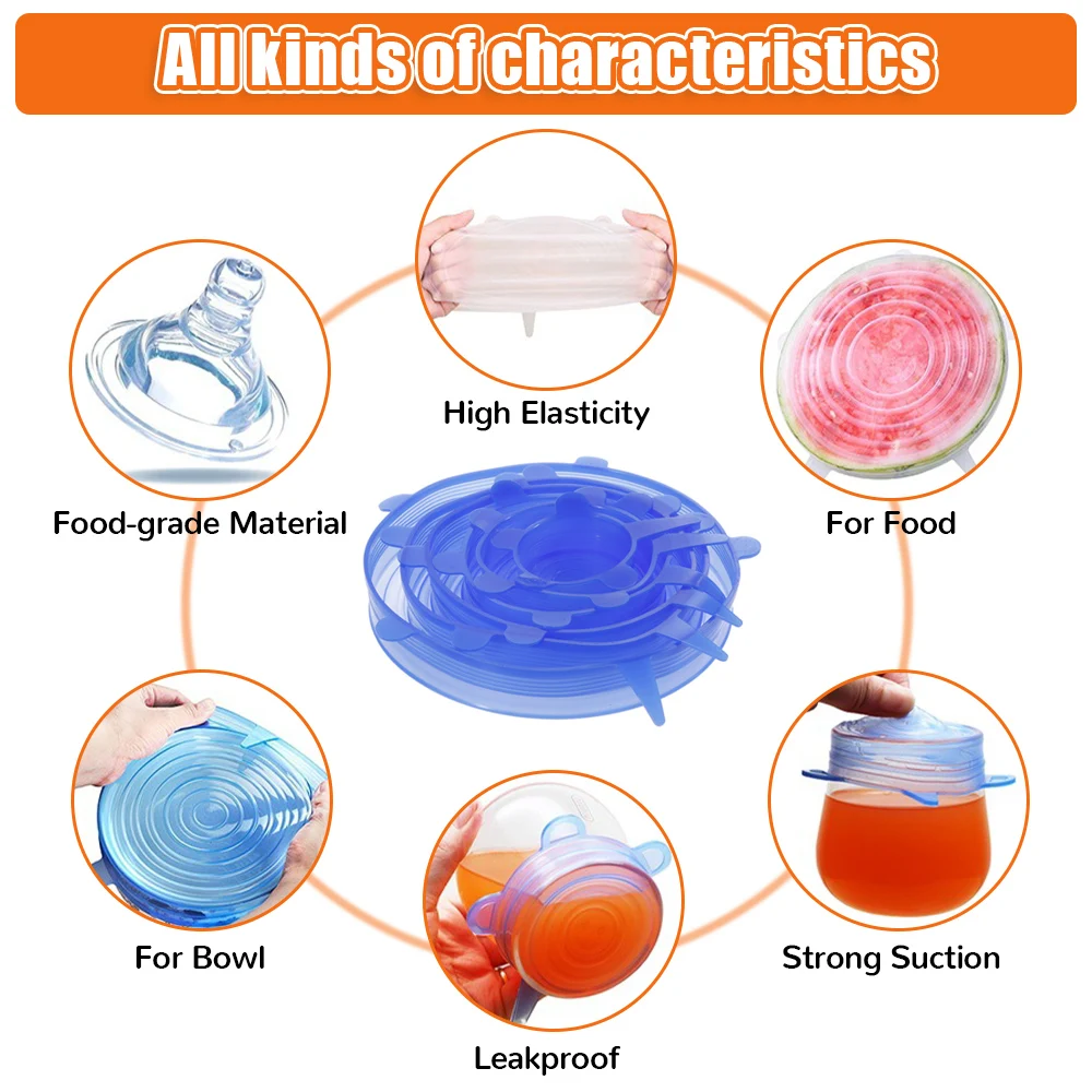 Silicone Food Cover Stretch Lid Reusable Airtight Food Cap Bowl Plate Lid Meal Fruit Dustproof Cover Fresh Keeping Wrap 1/2/6Pcs silicone covers