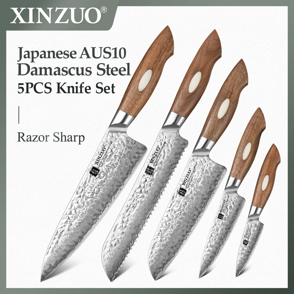 

XINZUO 5 Piece Set Kitchen Knife Japanese 67-layer AUS10 Damascus Steel Multifunctional Knife Set Practical Kitchen Knives