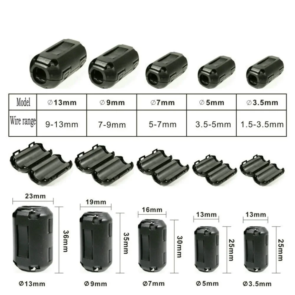 Ferrite Filter 5/10Pcs 3.5/5/7/9/13/15mm Toroidal Core Ferrite Bead Clip Choke EMI RFI Noise Filter Clip For USB/Video Cable Power Cord