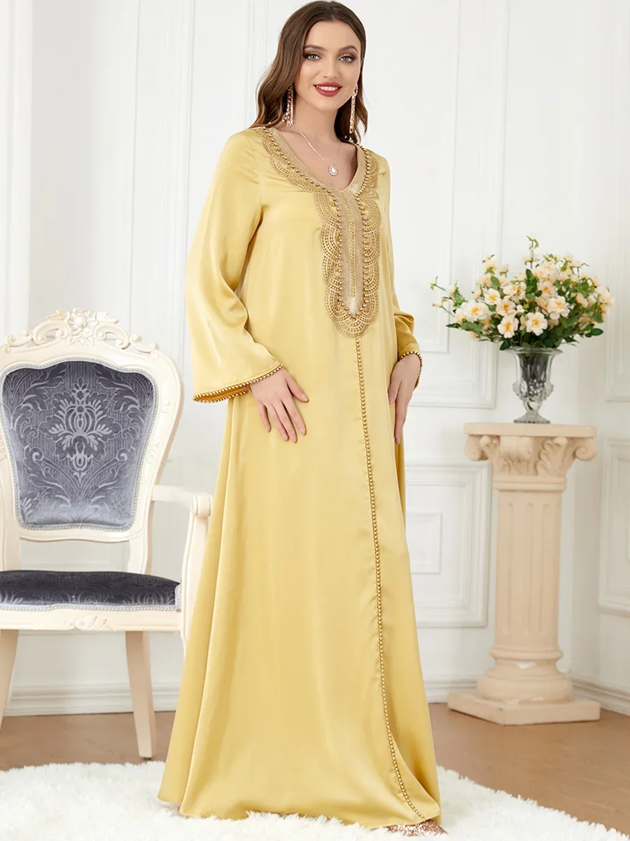 Beaded Abaya Dubai Luxury Arabic Islamic Clothes V-neck Muslim Evening Long Dress Kaftans for Women Morocco Caftan Robe Vestidos