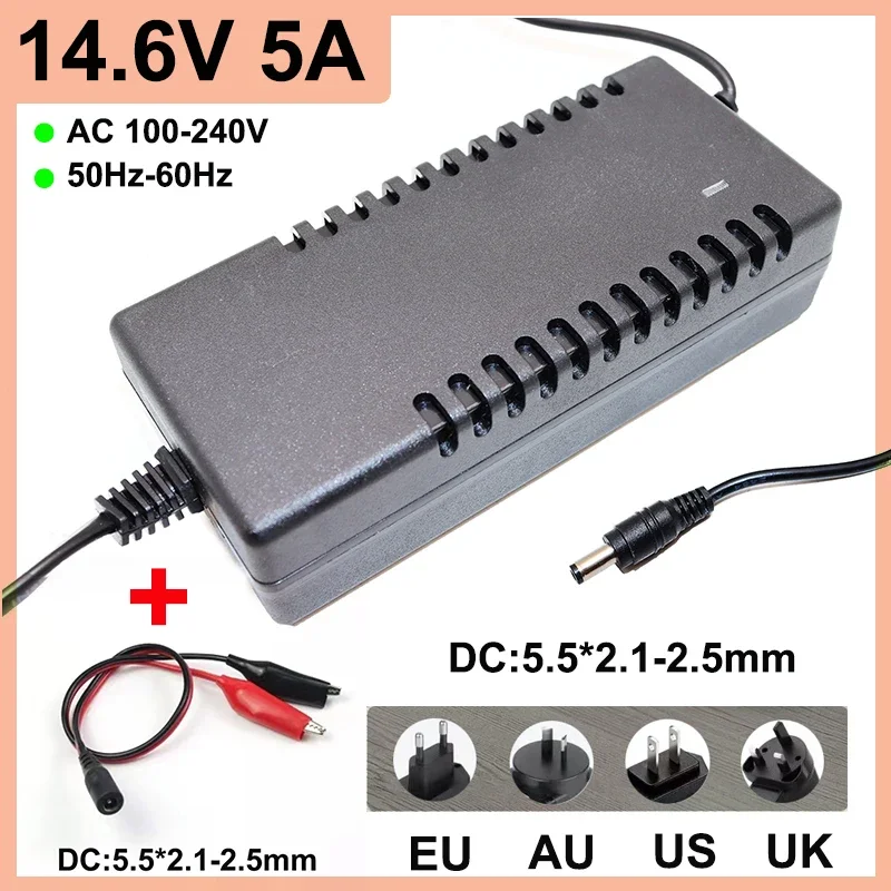 

4S 14.6V 5A LiFePO4 Charger 12V Lifepo4 Battery Pack 5A Charger Smart Power Off AC100-240V DC5.5*2.1/2.5mm Plug +Crocodile Clip
