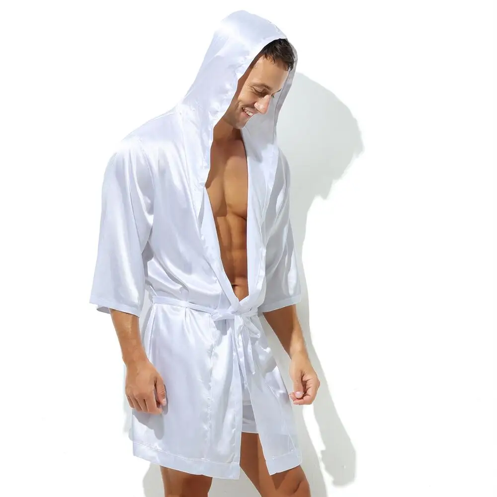 Sexy Sleepwear Men Robes Bathrobes Soft Silky Short Sleeve Nightgown Mens Homewear Dressing Gown Male Pajamas (No shorts) - 3