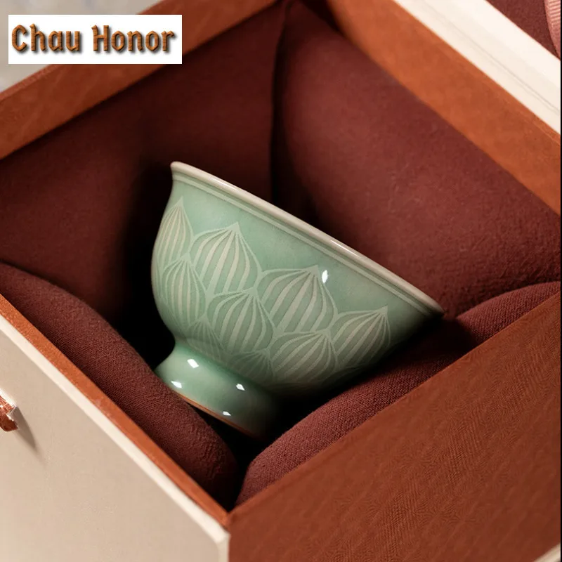 100ml Handmade Longquan Celadon Goblet Teacup Boutique Tea Bowl Tea-tasting Fragrance Cup Chazhan Master Cups Tea Ceremony Gifts