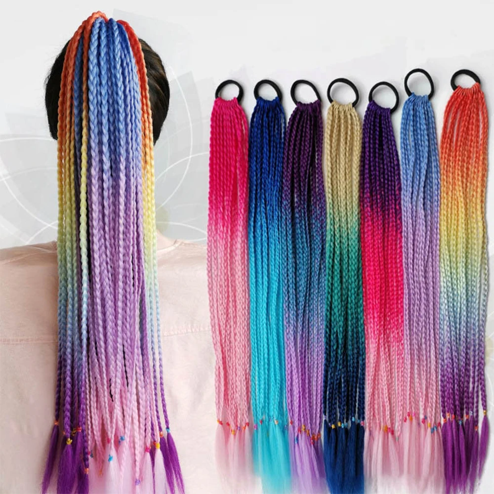 AZQUEEN Synthetic Gradient Color Dirty Braided Ponytail 60CM Elastic Rubber Band Braiding Pony Tail Hair Extensions For Girls