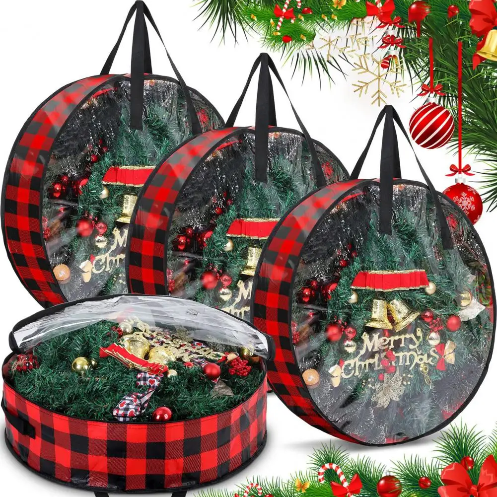 

Artificial Wreath Storage Bag Plaid Pattern Christmas Wreath Storage Bag Clear Window Container for Holiday Home Organization