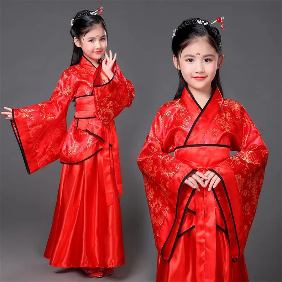 

Chinese silk robe Costume Girls Children Kimono China Traditional Vintage Ethnic Fan Students Chorus Dance Costume Hanfu