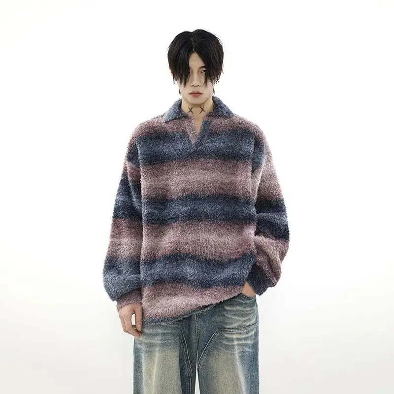 

American Vintage Stripe Polo Sweater for Men and Women in Autumn and Winter Lazy Couple Loose and Casual Y2K Harajuku Fashion