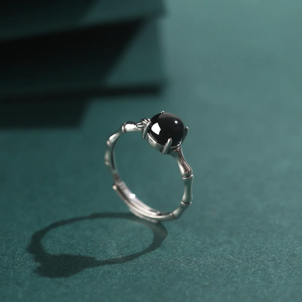 Monkton 여성을위한 새로운  블랙 마노 반지 빈티지 대나무 조인트 디자인 오닉스 오픈 링 럭셔리 쥬얼리 선물